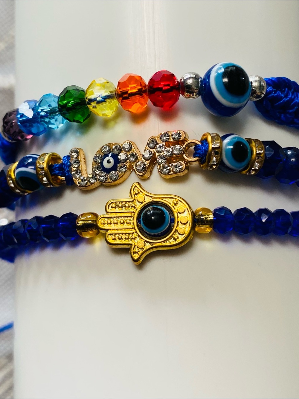 3-Piece Evil Eye & Hamsa Protection Bracelet Set - Blue & gold